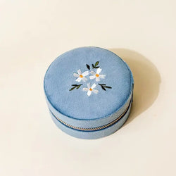 Round Velvet Floral Jewelry Case (Misty Blue)