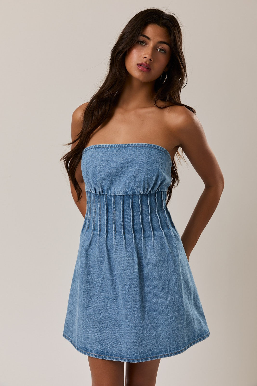 2x denim dress Faux Medium Wash Denim Dress